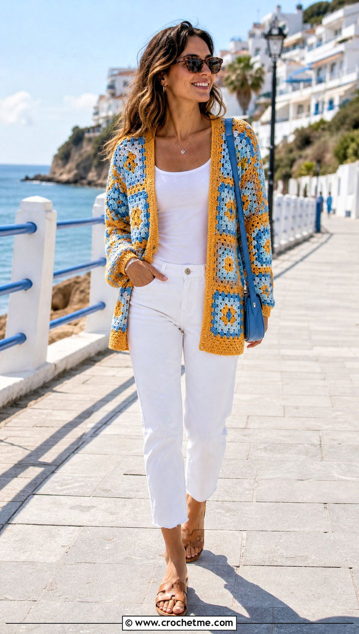 Lightweight Checkered Granny Square Cardigan With White Jeans - 25 checkered granny square cardigan outfit ideas