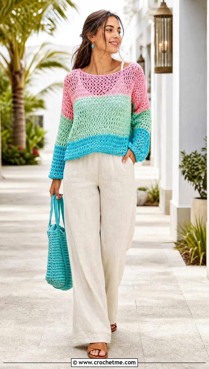 Lightweight Color Block Crochet Sweater With Linen Pants - 25 Color Block Crochet Sweater outfit ideas