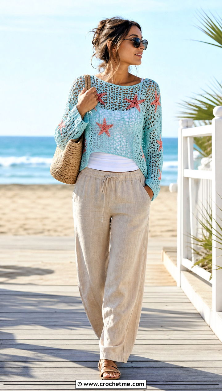 Lightweight Coraline Star Crochet Sweater With Linen Pants - 25 coraline crochet sweater outfit ideas