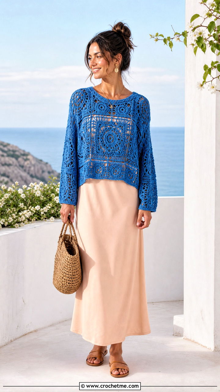 Lightweight Cotton Big Granny Square Sweater Over Slip Dress - 35 big granny square sweater outfit ideas