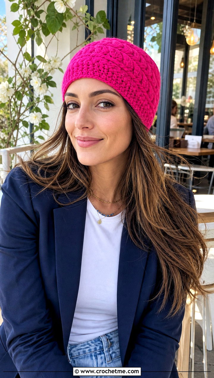 Lightweight Cotton Cable Beanie With Blazer And Jeans - 20 Crochet Cable Stitch Beanie outfit ideas