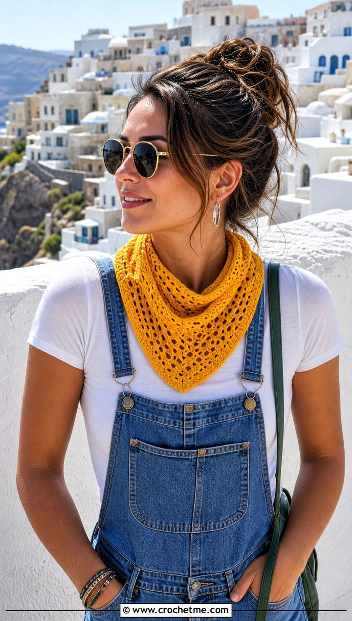 Lightweight Cotton Crochet Bandana Cowl With Overalls - 30 crochet bandana cowl outfit ideas