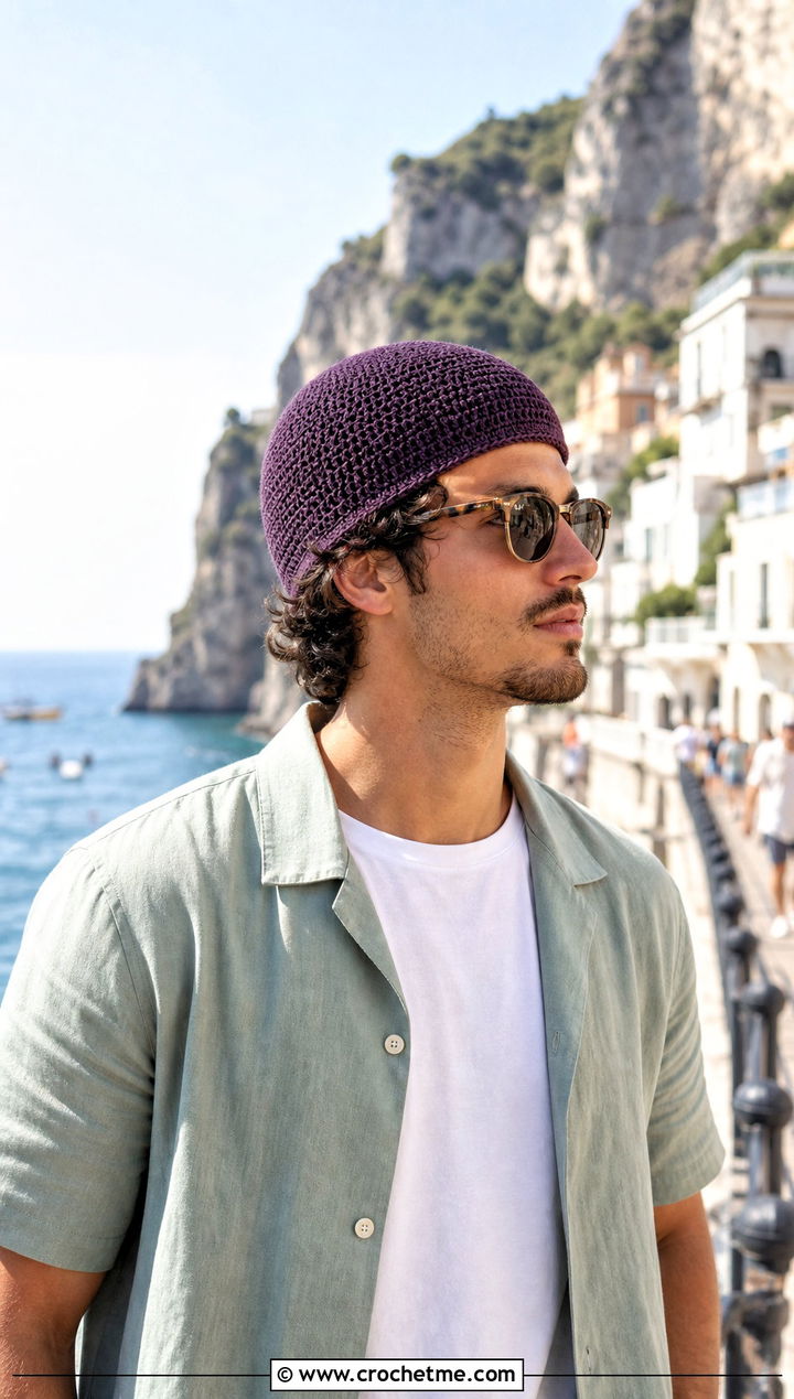 Lightweight Cotton Crochet Beanie With Camp Collar Shirt - 30 crochet man beanie outfit ideas