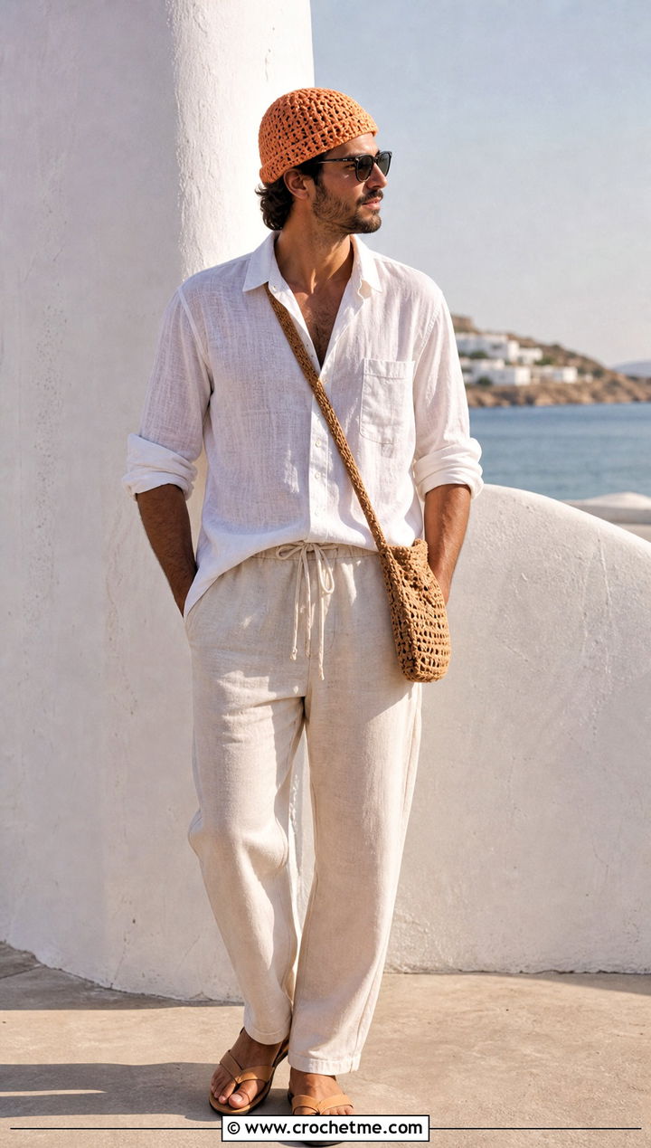 Lightweight Cotton Crochet Beanie With Linen Outfit - 35 Men Crochet Beanie outfit ideas