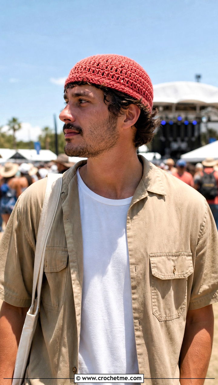 Lightweight Cotton Crochet Beanie With Utility Shirt - 25 easy men's crochet beanie outfit ideas
