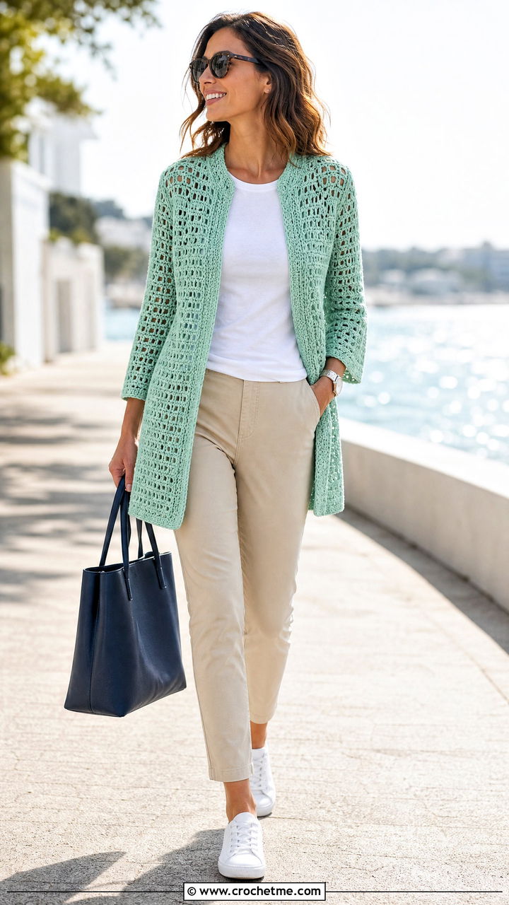 Lightweight Cotton Crochet Bog Jacket With Chino Pants - 35 Crochet Bog Jacket outfit ideas