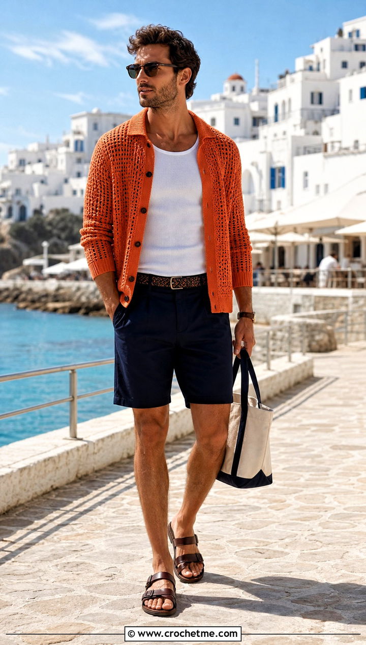 Lightweight Cotton Crochet Cardigan With Tailored Shorts - 35 mens crochet cardigan outfit ideas