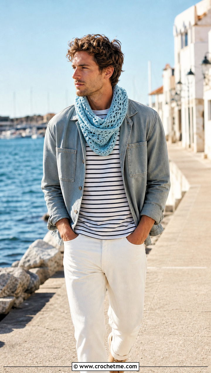 Lightweight Cotton Crochet Cowl With Coastal Outfit - 30 crochet cowl for men outfit ideas