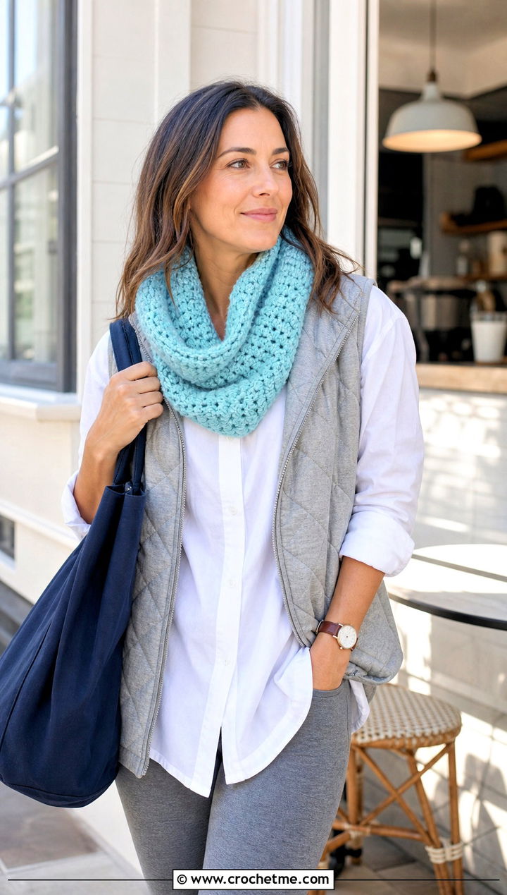 Lightweight Cotton Crochet Cowl With Leggings - 20 Crochet Loop Scarf outfit ideas