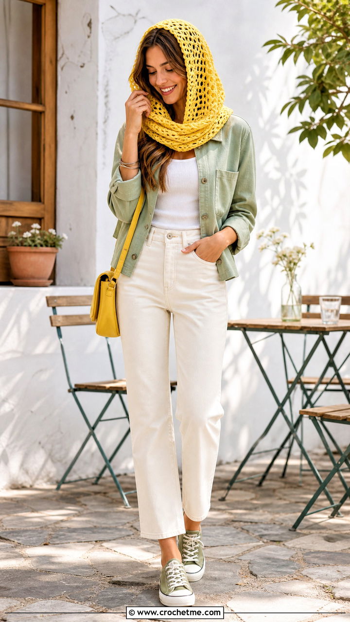 Lightweight Cotton Crochet Hooded Cowl With Spring Jacket - 35 crochet hooded cowl outfit ideas