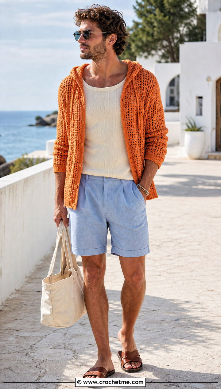 Lightweight Cotton Crochet Hoodie With Linen Shorts - 30 crochet mens hoodie outfit ideas