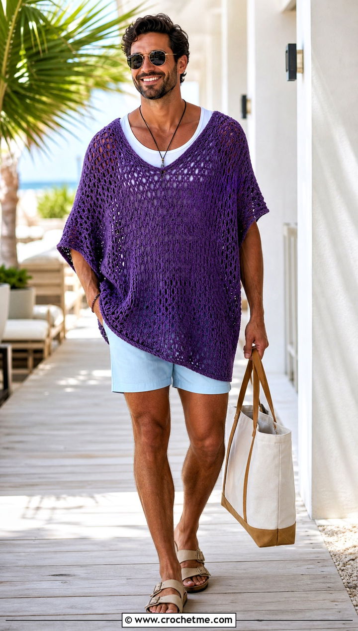 Lightweight Cotton Crochet Mens Poncho With Beachwear - 25 crochet men's poncho outfit ideas