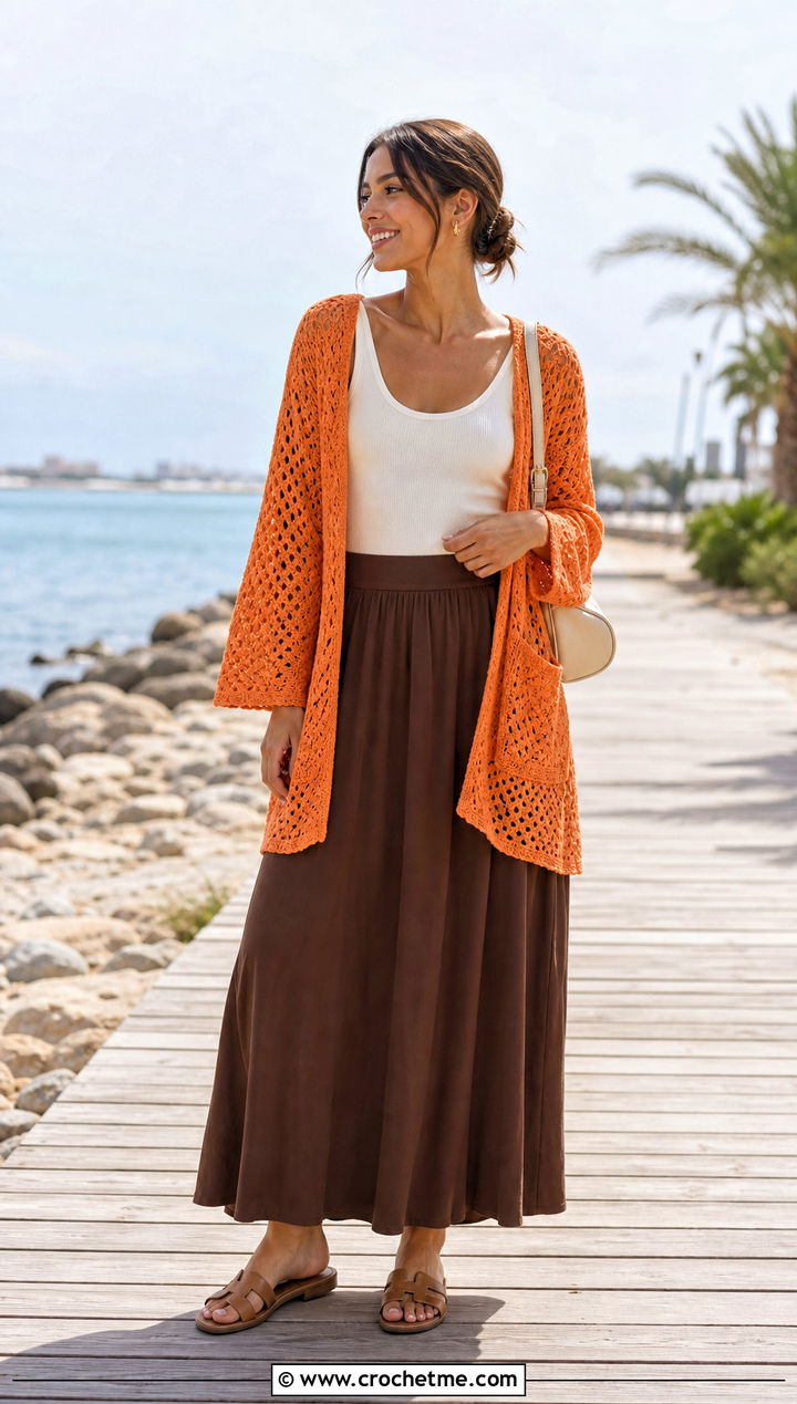 Lightweight Cotton Crochet Pocket Wrap With Maxi Skirt - 25 Crochet Pocket Wrap outfit ideas