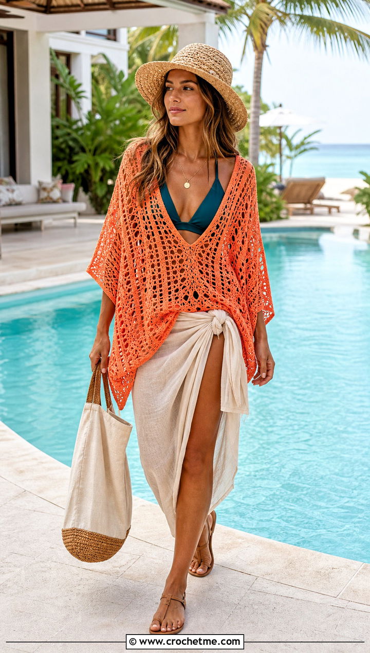 Lightweight Cotton Crochet Poncho With A Swimsuit And Sarong - 25 Simple Crochet Poncho outfit ideas