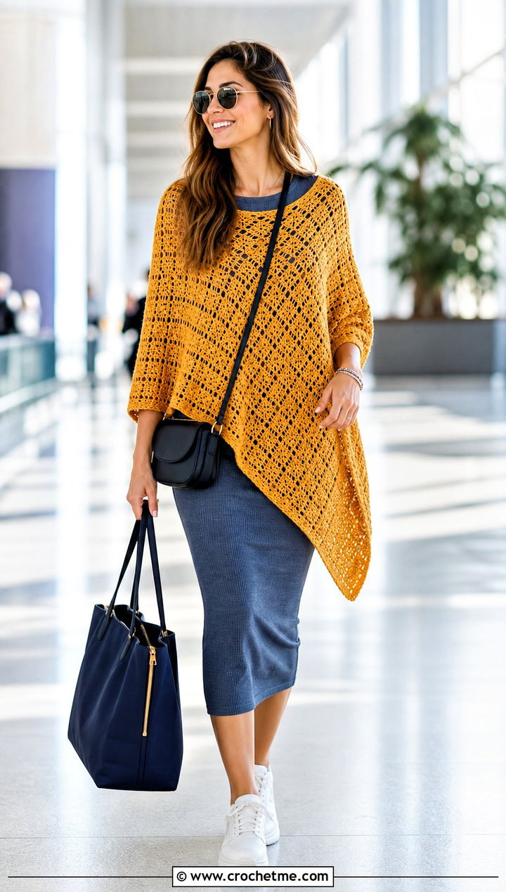 Lightweight Cotton Crochet Poncho With Knit Dress - 25 Crochet For Poncho outfit ideas