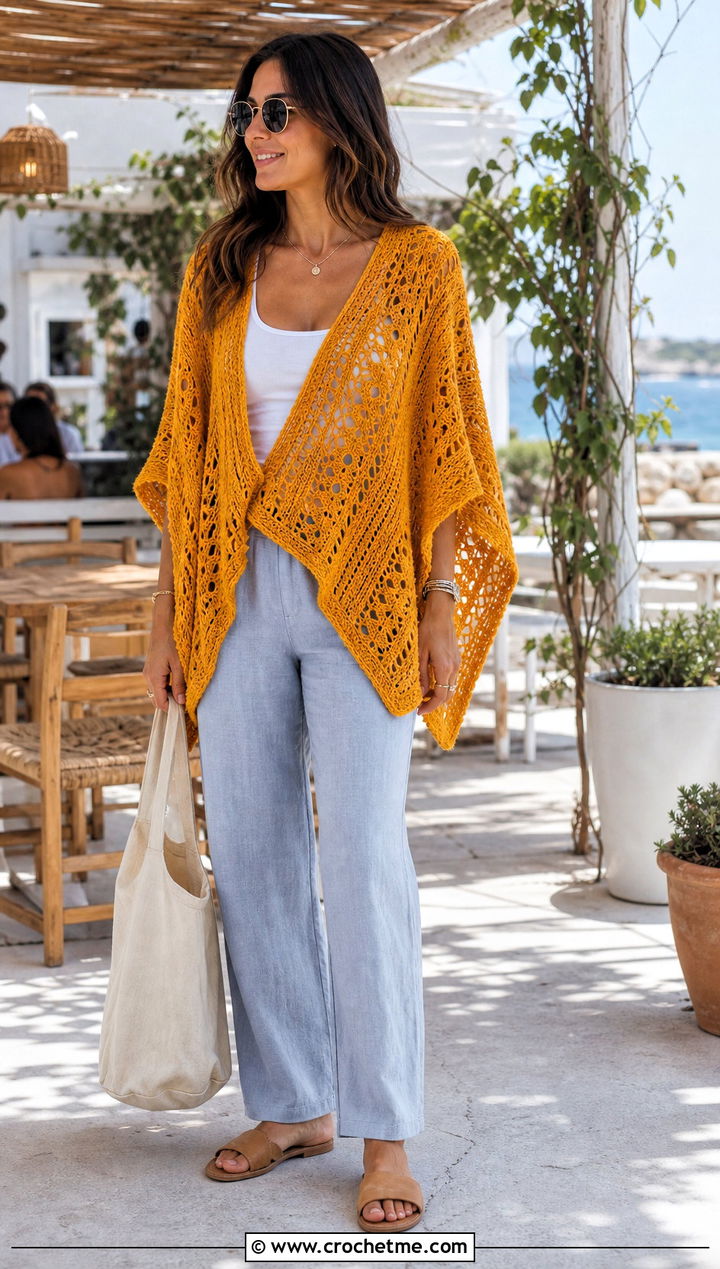 Lightweight Cotton Crochet Poncho With Linen Pants - 25 Easy Simple Crochet Poncho outfit ideas