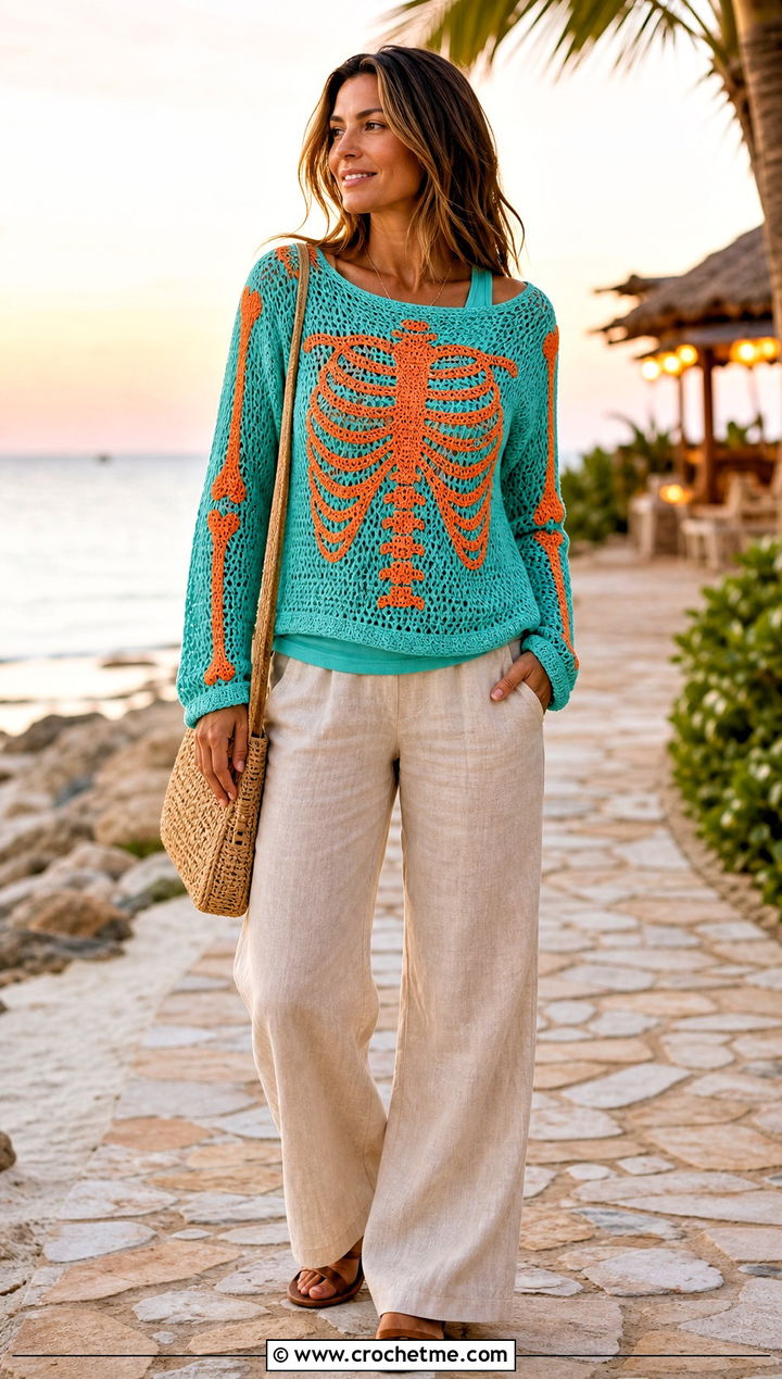 Lightweight Cotton Crochet Skeleton Sweater With Linen Pants - 30 Crochet Skeleton Sweater outfit ideas