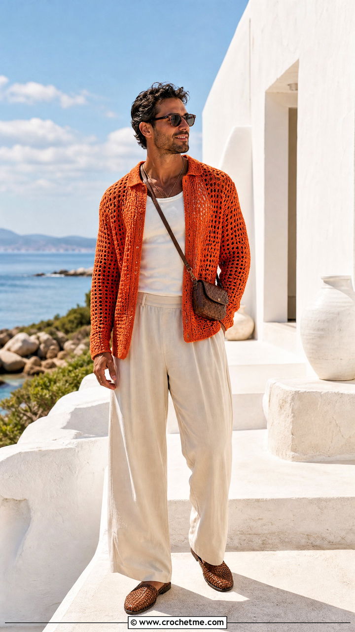 Lightweight Cotton Crochet Sweater With Resort Trousers - 35 men crochet sweater outfit ideas