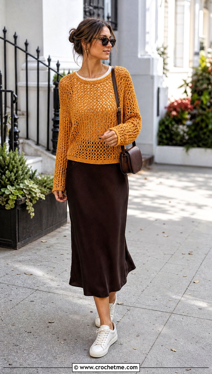 Lightweight Cotton Crochet Sweater With Slip Skirt - 30 cozy crochet sweater outfit ideas