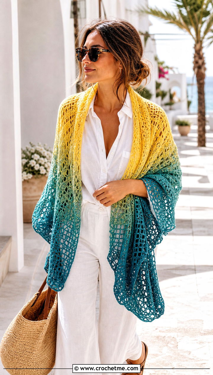 Lightweight Cotton Gradient Shawl With Linen Set - 15 Crochet Gradient Shawl outfit ideas