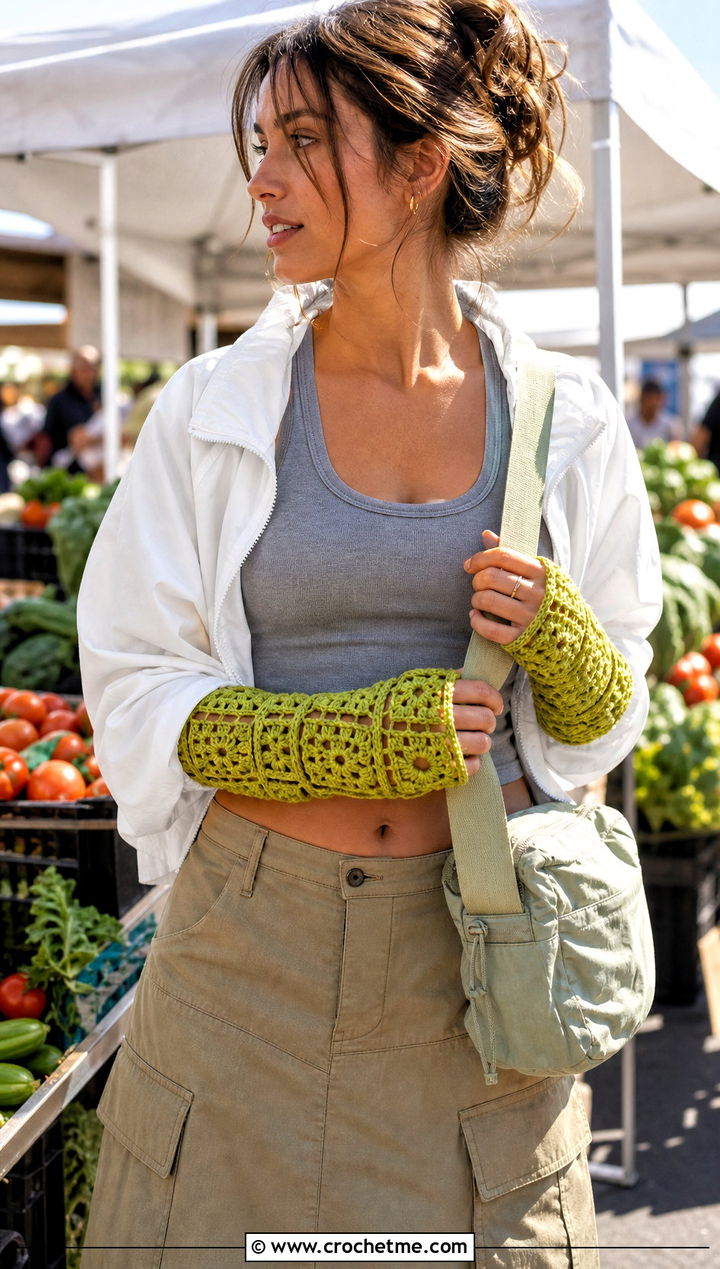 Lightweight Cotton Granny Square Arm Warmers With Tank Top And Cargo Skirt - 25 Granny Square Arm Warmers outfit ideas