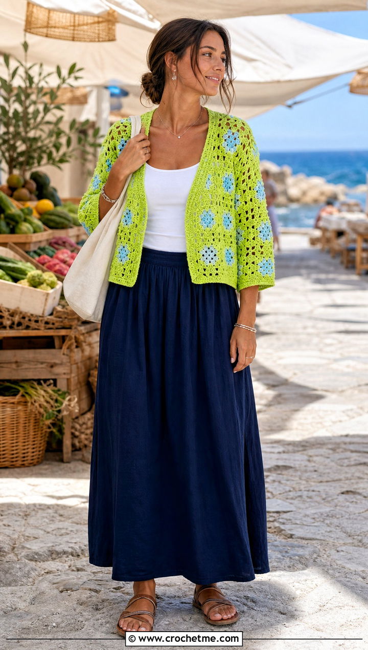 Lightweight Cotton Granny Square Cardigan With Maxi Skirt - 25 Two Granny Square Cardigan outfit ideas