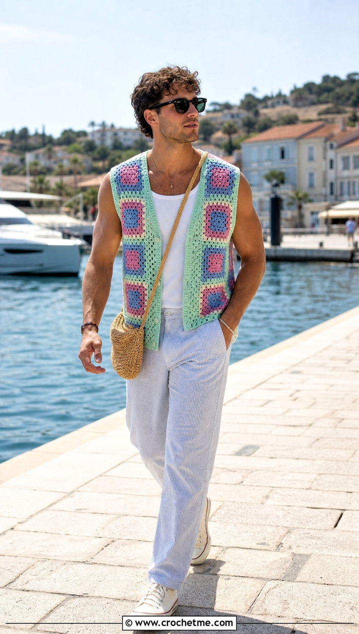 Lightweight Cotton Granny Square Mens Vest With Seersucker Pants - 25 crochet granny square mens vest outfit ideas