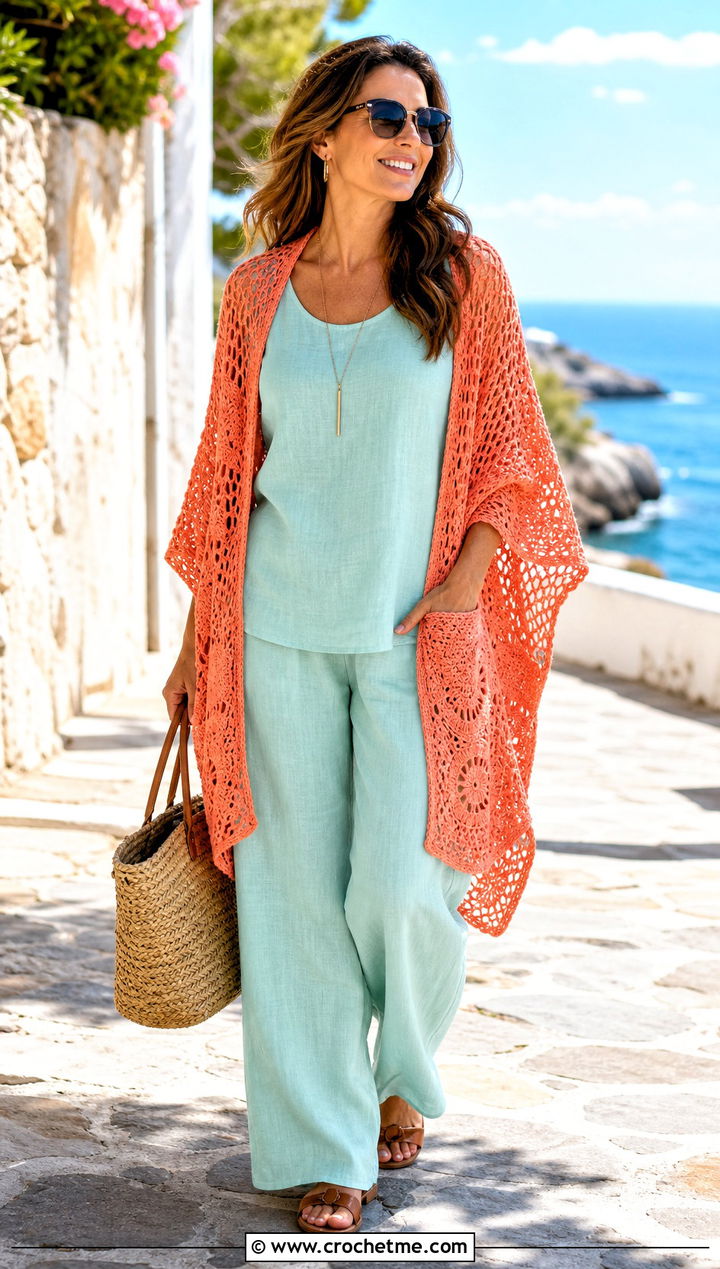 Lightweight Cotton Granny Square Pocket Shawl With Linen Set - 20 Granny Square Pocket Shawl outfit ideas