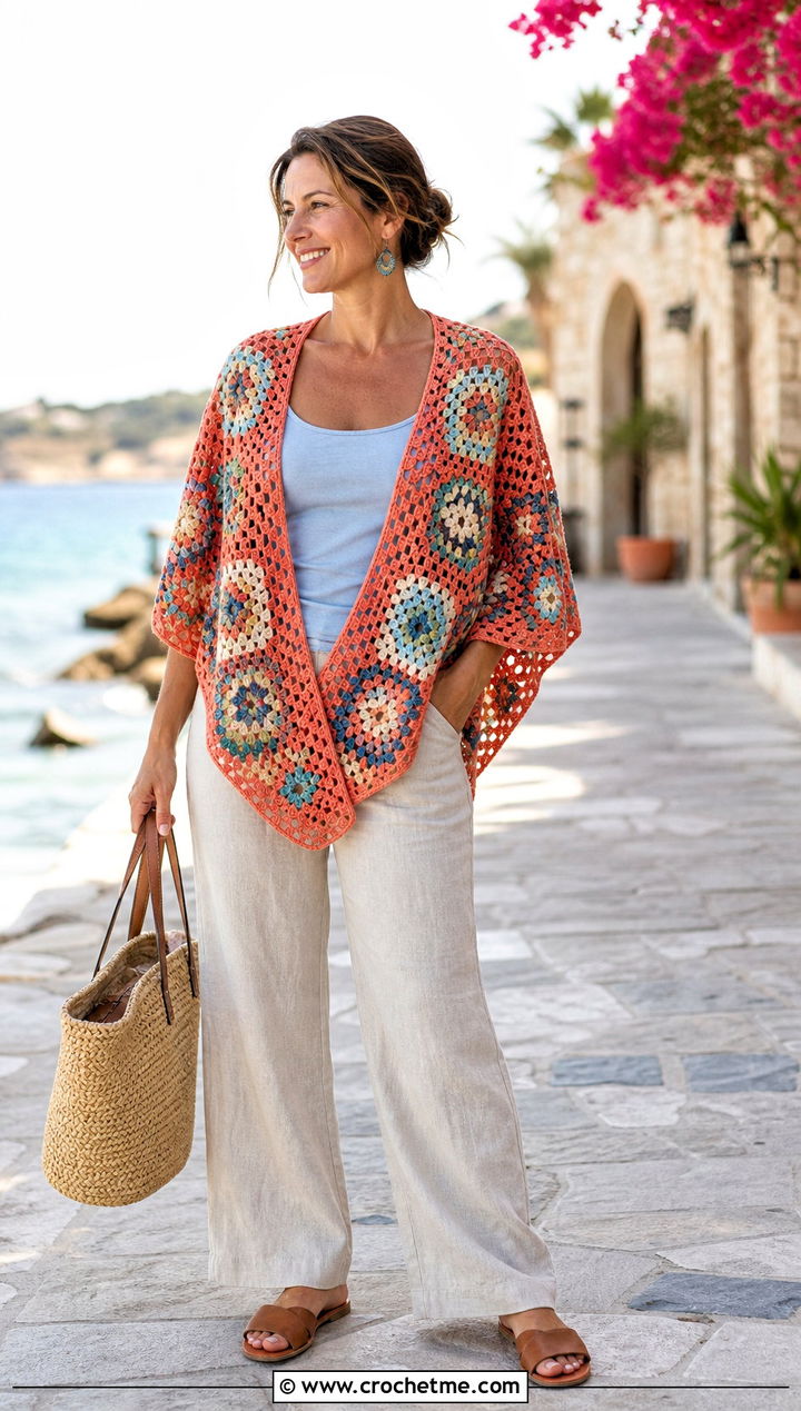 Lightweight Cotton Granny Square Poncho With Linen Pants - 25 Granny Squares Poncho outfit ideas