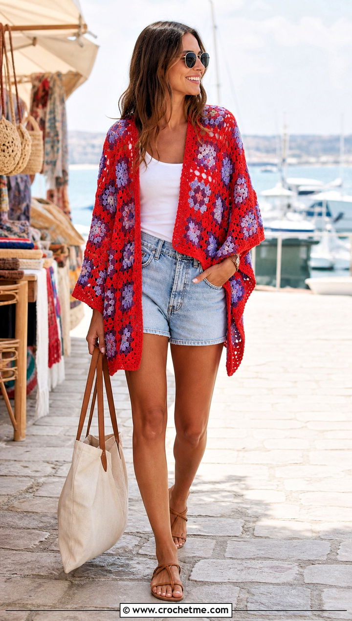 Lightweight Cotton Granny Square Poncho With Shorts - 35 granny square poncho outfit ideas