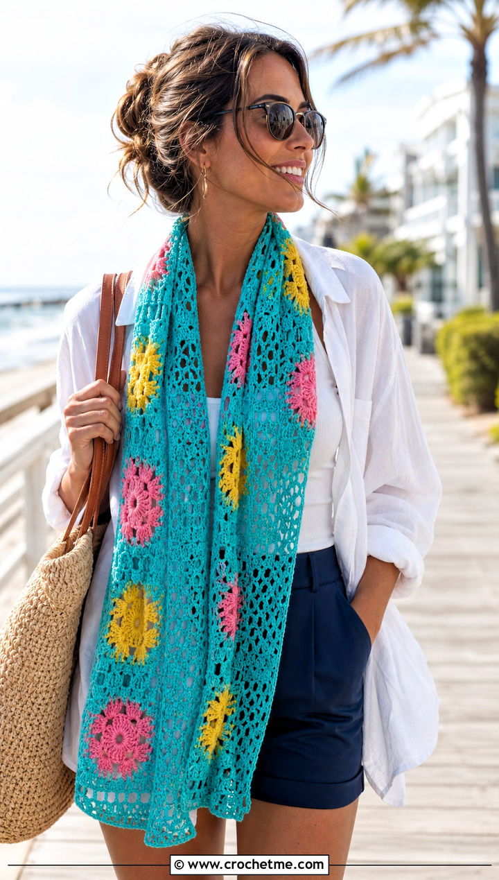 Lightweight Cotton Granny Square Scarf With Beach Shirt And Shorts - 30 crochet granny square scarf outfit ideas