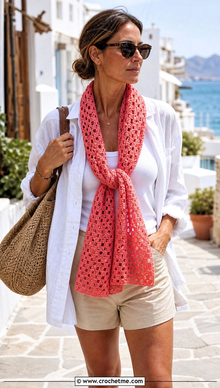 Lightweight Cotton Granny Square Scarf With Linen Shirt and Shorts - 25 granny square scarves outfit ideas