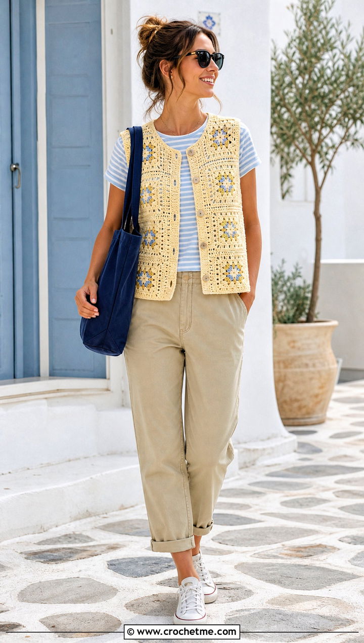 Lightweight Cotton Granny Square Sleeveless Cardigan With Chinos - 30 granny square sleeveless cardigan outfit ideas