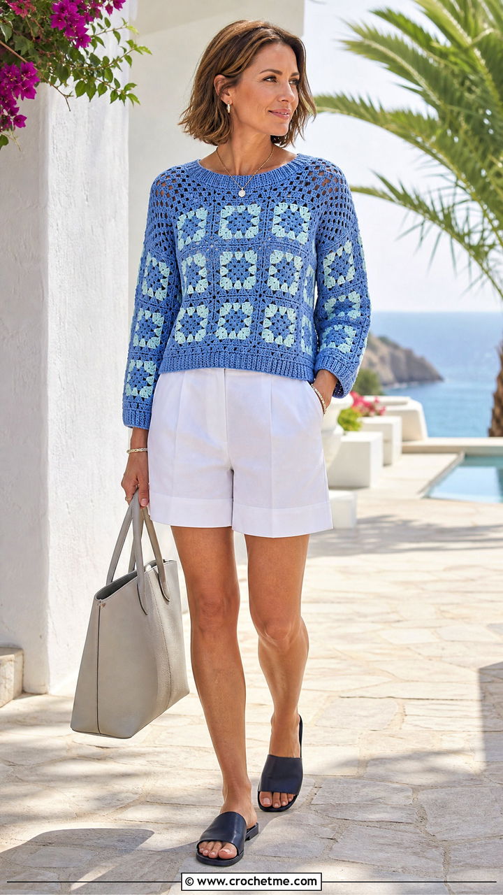 Lightweight Cotton Granny Square Sweater With Bermuda Shorts - 35 crochet granny square sweater outfit ideas