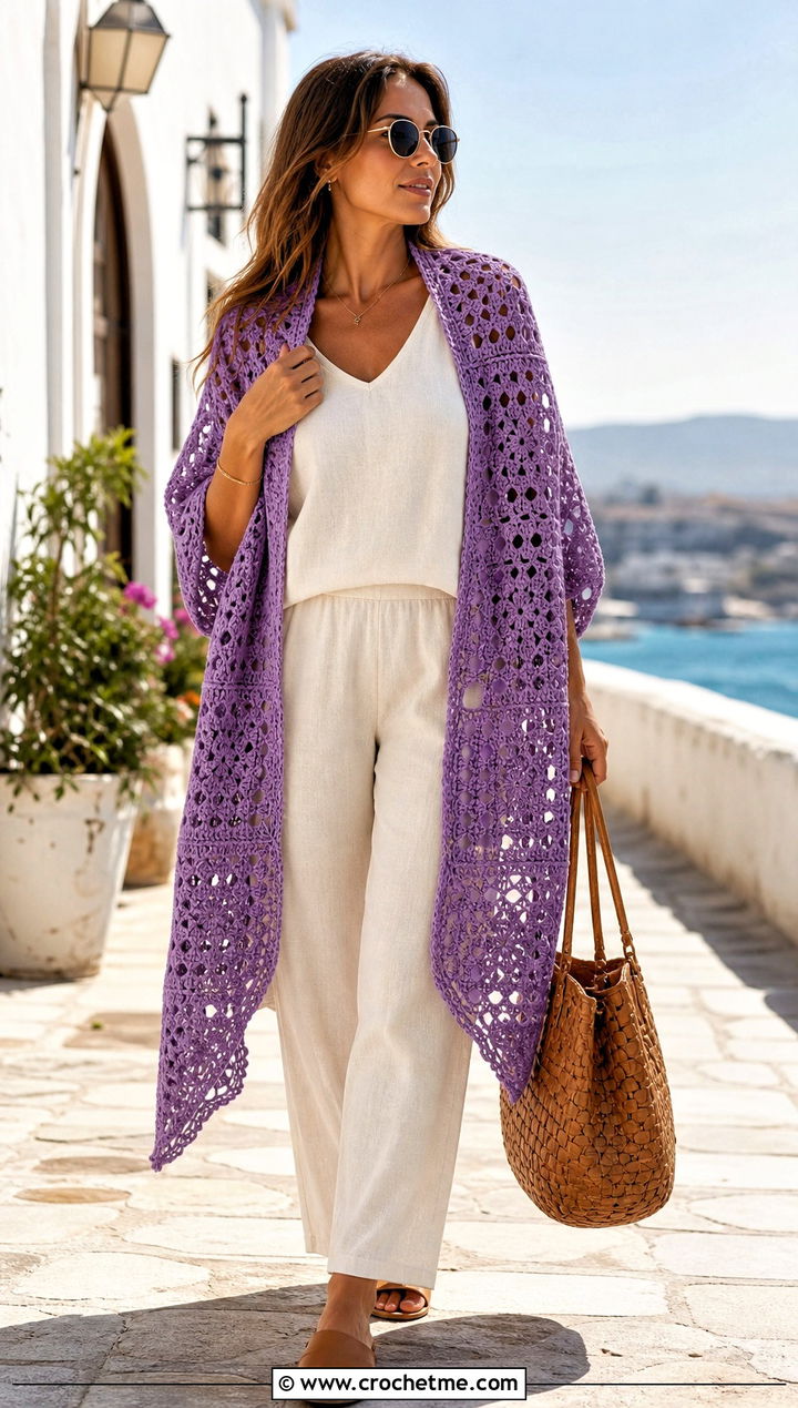 Lightweight Cotton Granny Square Wrap With Linen Set - 30 granny square wrap outfit ideas