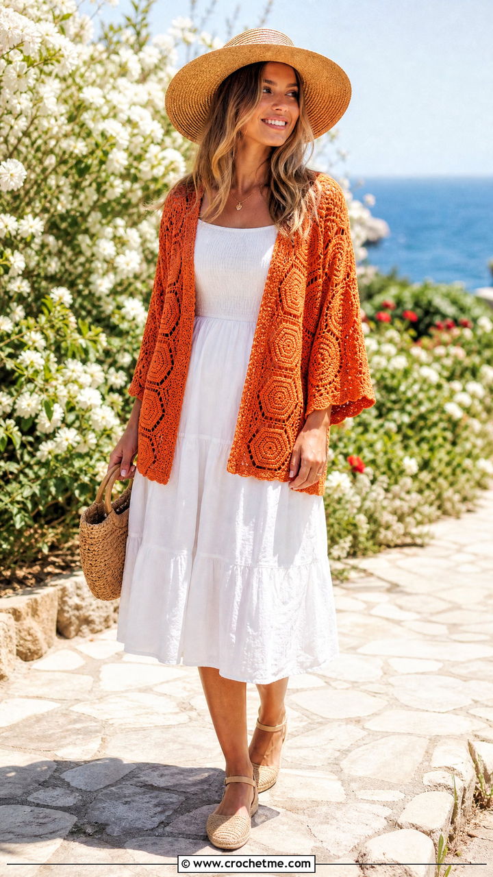 Lightweight Cotton Hexi Cardi With White Sundress - 35 crochet hexi cardi outfit ideas