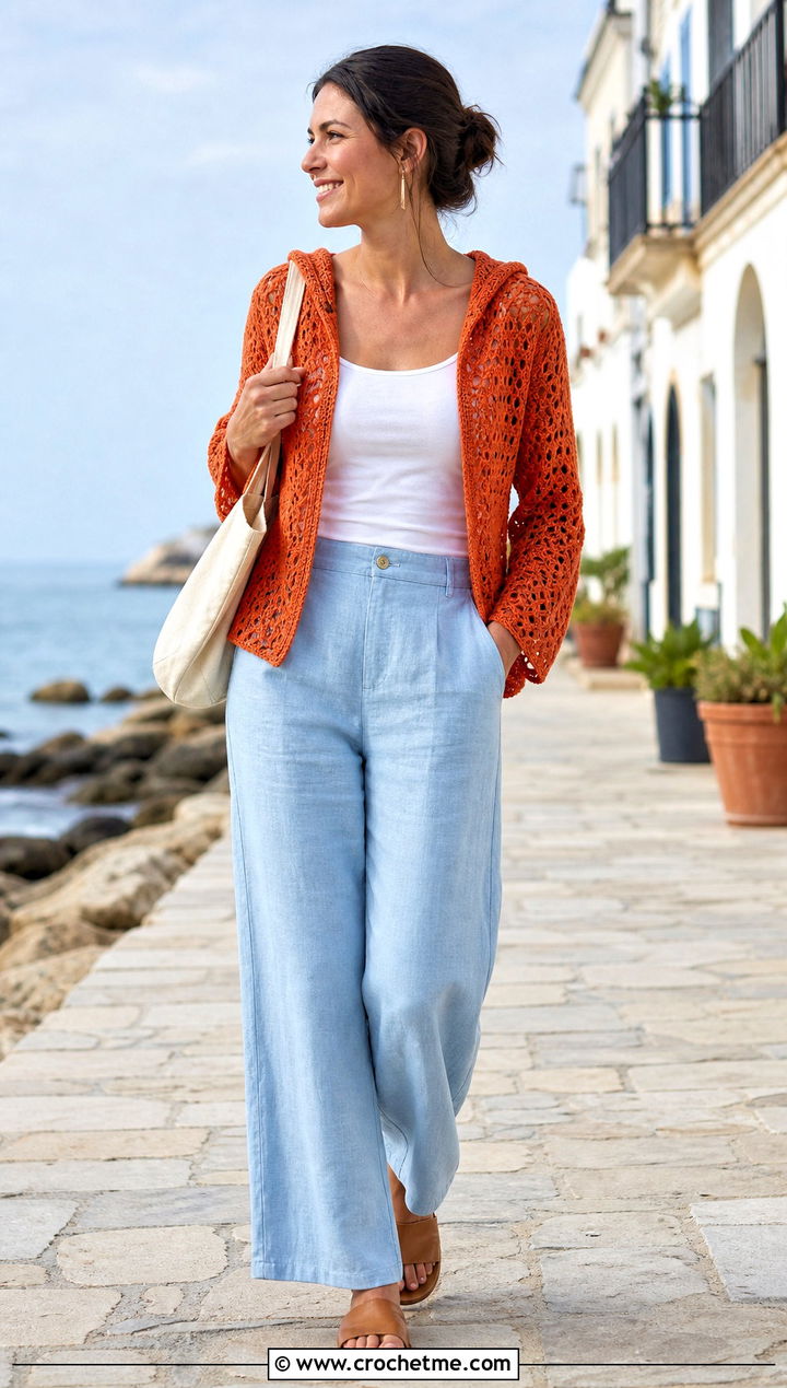 Lightweight Cotton Hexi Crochet Hoodie With Linen Pants - 20 hexi crochet hoodie outfit ideas