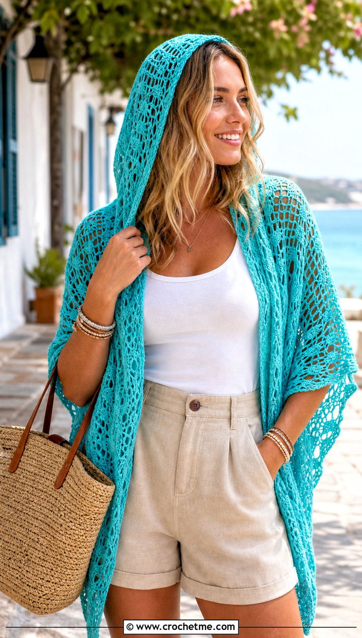Lightweight Cotton Hooded Triangle Crochet Shawl With Linen Shorts - 25 Hooded Triangle Crochet Shawl outfit ideas