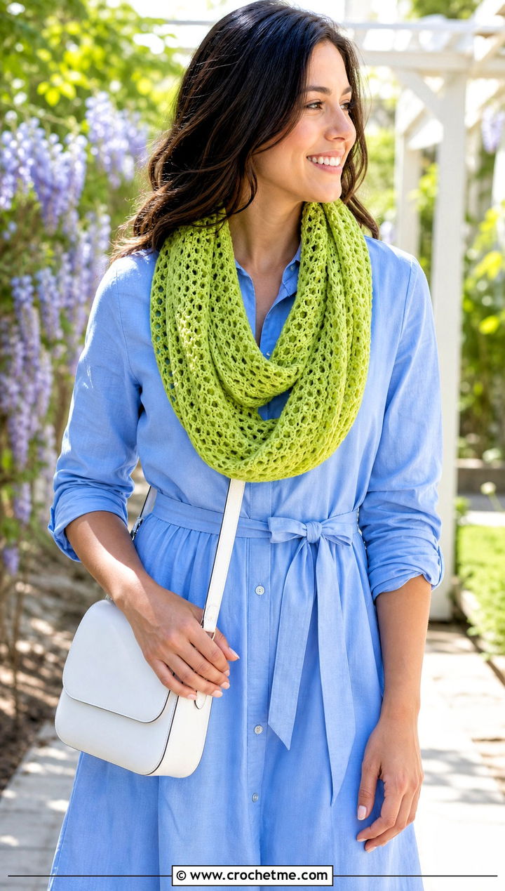 Lightweight Cotton Infinity Scarf With Shirt Dress - 30 easy crochet infinity scarf outfit ideas