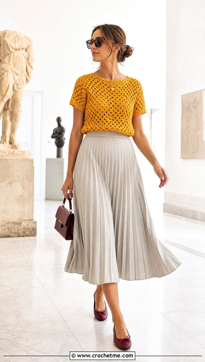 Lightweight Cotton Maria Crochet Top With Pleated Midi Skirt - 20 maria crochet top outfit ideas
