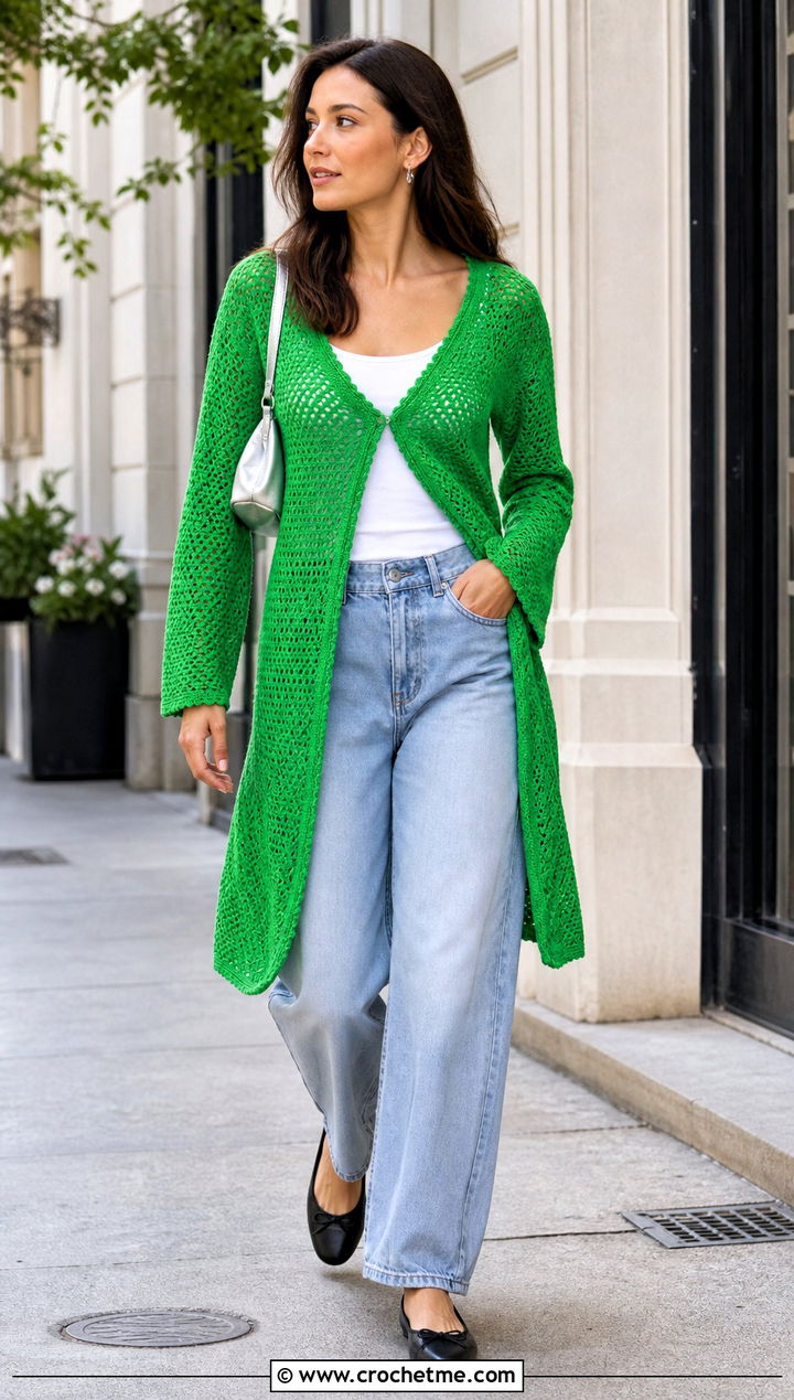 Lightweight Cotton One Piece Crochet Cardigan With Barrel Jeans - 35 one piece crochet cardigan outfit ideas