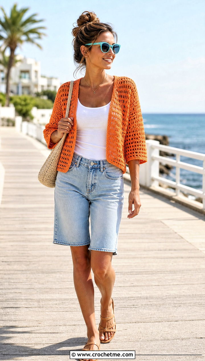 Lightweight Cotton Pixie Crochet Sweater With Denim Shorts - 20 Pixie Crochet Sweater outfit ideas