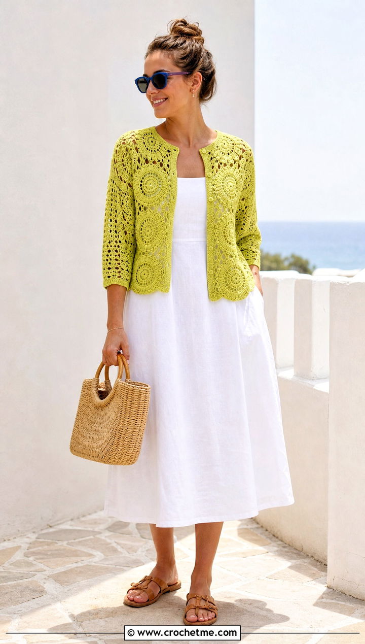 Lightweight Cotton Round Crochet Cardigan With Sundress - 35 round crochet cardigan outfit ideas