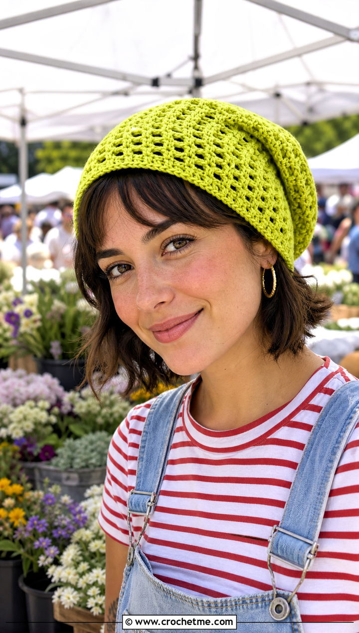 Lightweight Cotton Slouchy Crochet Beanie With Overalls - 25 Easy Slouchy Crochet Beanie outfit ideas