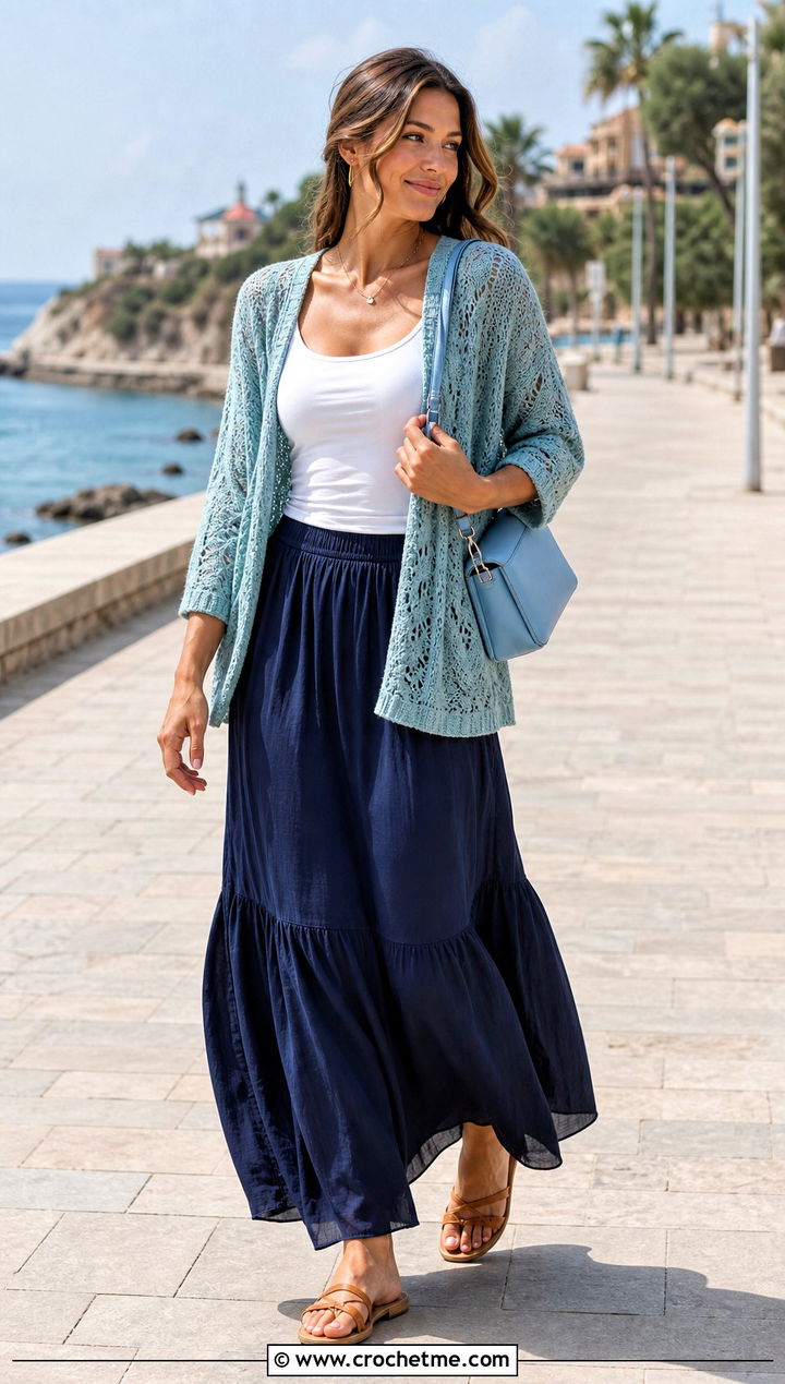 Lightweight Cotton Square Cardigan With Maxi Skirt - 30 crochet square cardigan outfit ideas