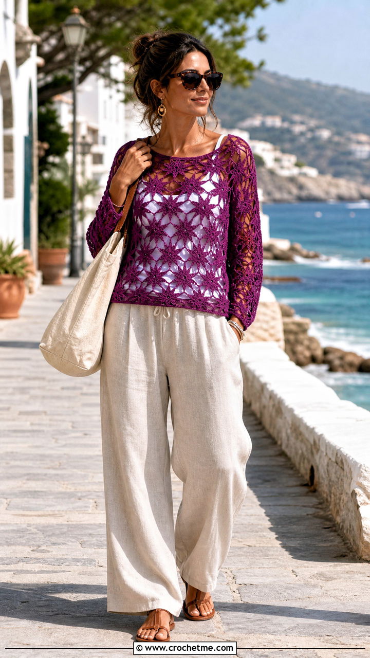 Lightweight Cotton Star Sweater With Resort Pants - 35 crochet star sweater outfit ideas