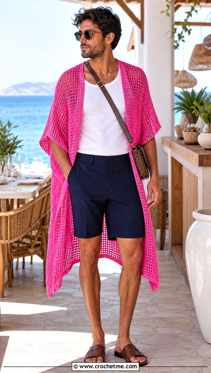 Lightweight Crochet Cape Poncho With Bermuda Shorts - 30 men crochet poncho outfit ideas