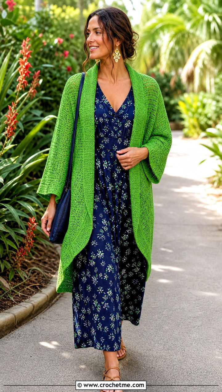 Lightweight Crochet Cocoon Cardigan With Maxi Dress - 15 Easy Crochet Cocoon Cardigan outfit ideas