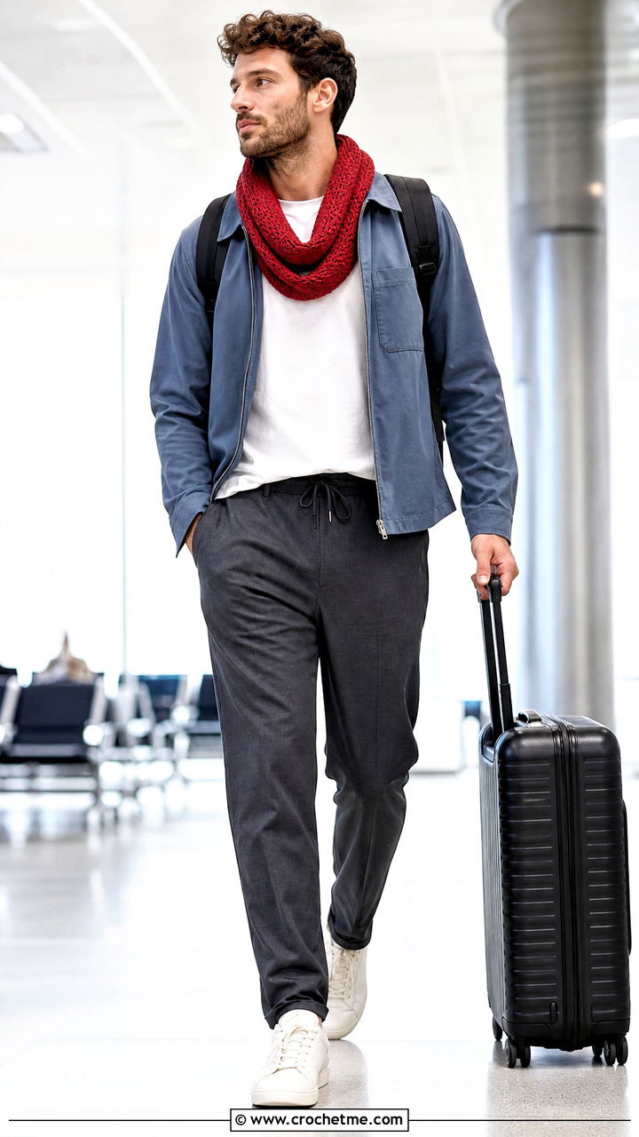 Lightweight Crochet Cowl With Airport Outfit - 35 men's crochet scarf outfit ideas