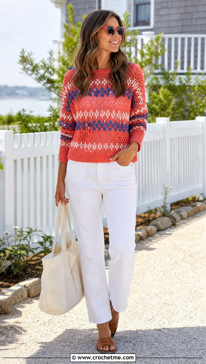 Lightweight Crochet Fairisle Sweater With White Denim - 15 Crochet Fairisle Sweater outfit ideas